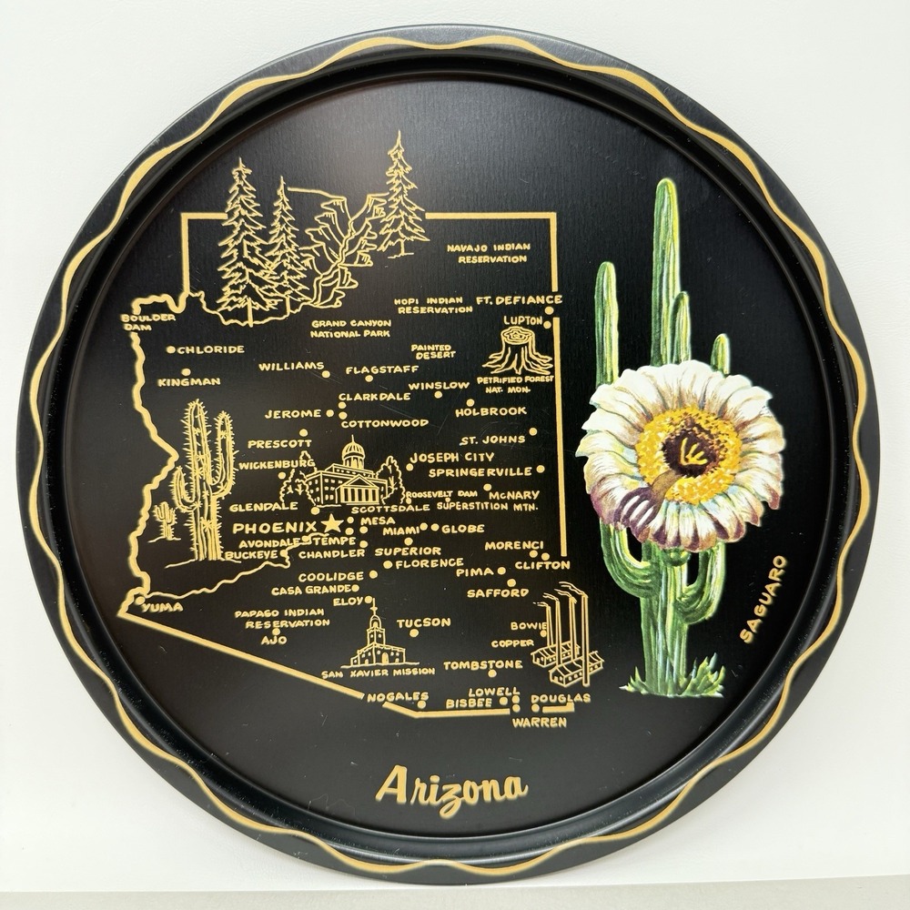 Vintage Arizona State Tray MCM Kitschy Barware Graphic Souvenir Decor Platter